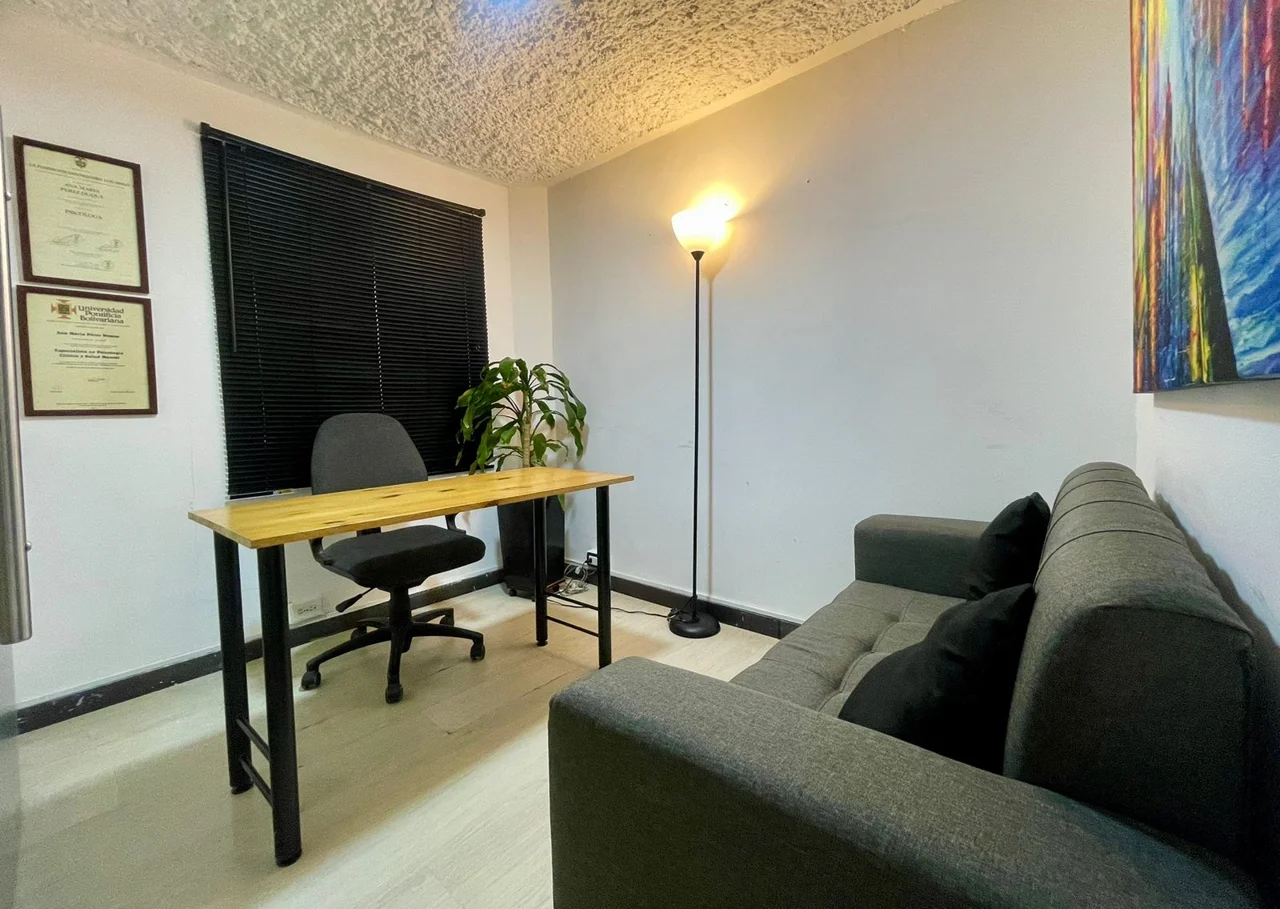 Sala ejecutiva con sofá y escritorio